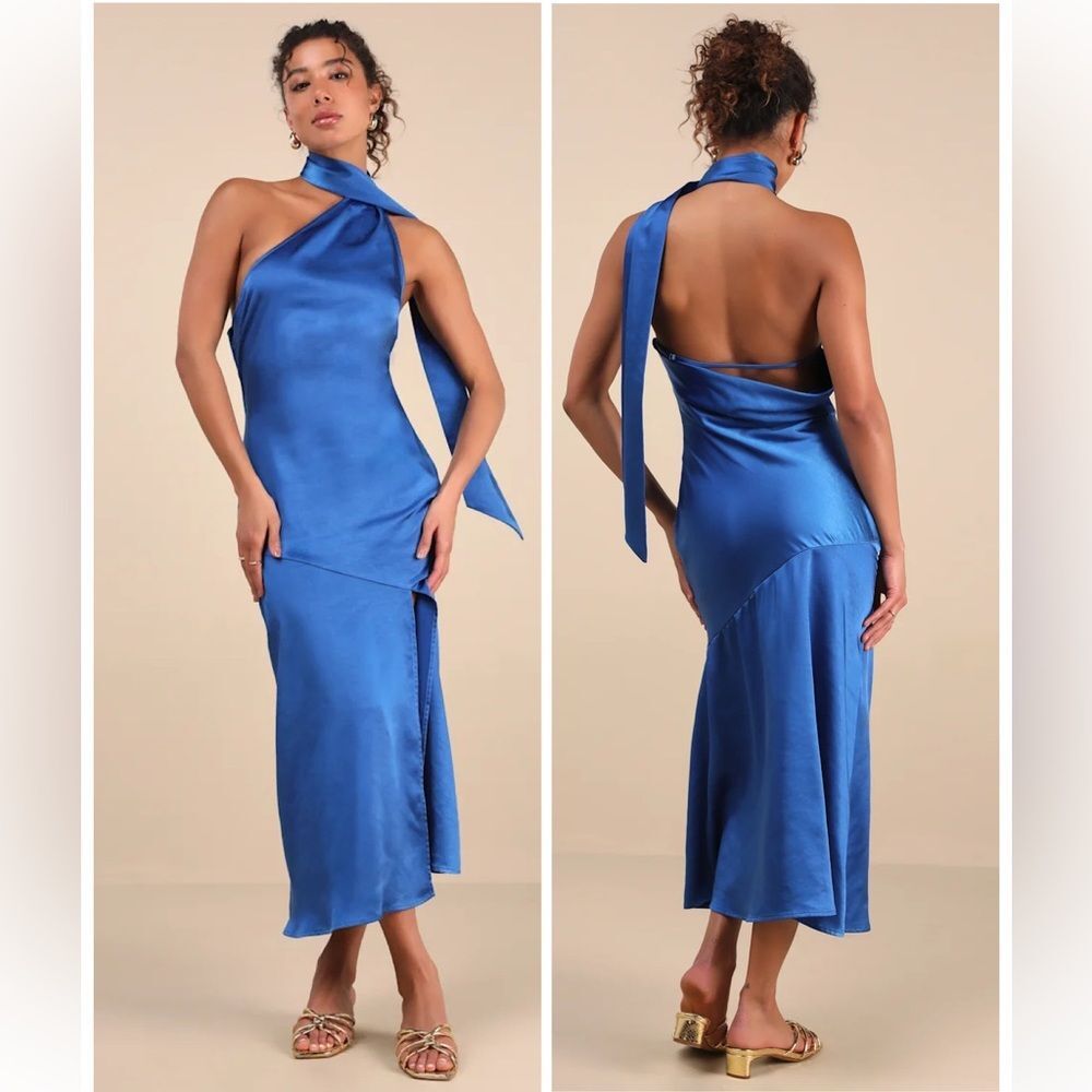 Lulus Reglan Blue Satin One-Shoulder Sash Midi Dress Size Small NWT Formal Sexy